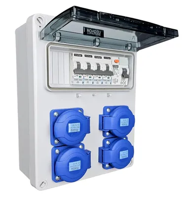 Produktbild von RoadEu Stromverteiler 230V IP44 mit FI, 4x Schuko 16A, vorverdrahtet | 4x LS C16A, 2,5 mm² Verdrahtung, N+PE-Klemmen