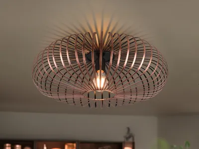 A copper-colored ceiling light fixture with an intricate wire frame design, casting shadows on the ceiling.
