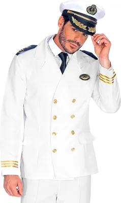 A man wearing a captain's jacket and hat.