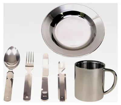 Produktbild von Edelstahl Geschirrset für Camping mit Besteck, Teller und Tasse