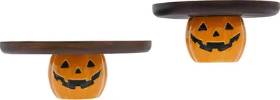Produktbild von Halloween Kürbis Kuchenplatte - 2er-Set Kuchenplatte/Servierplatte - Akazienholz - Kürbisform - Öl-Wachs-Beschichtung - 21,5 x 9,8 cm & 26 x 9,8 cm - Grau