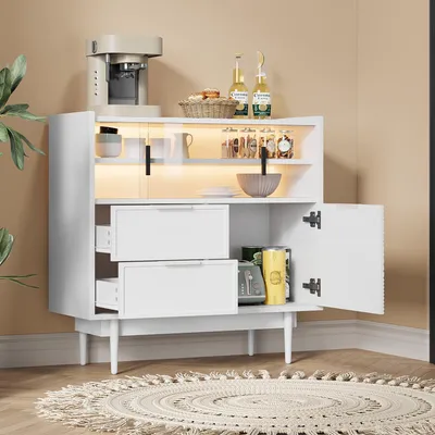 Produktbild von MODFU Kommode Aufbewahrungsschrank mit Glasschiebetüren,Ablageschrank Badezimmerschrank mit Metallfüße und LED-Lichtleiste,Weiß