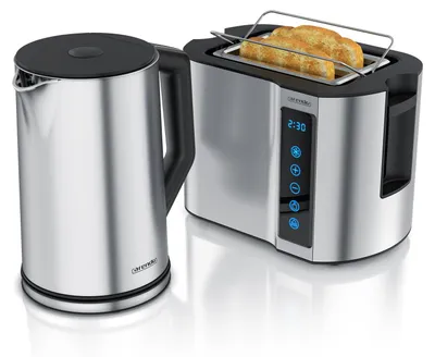 Produktbild von Arendo Frühstücks-Set Edelstahl, Wasserkocher Toaster Set, Wasserkocher mit Temperatureinstellung 1,5l, Toaster 2 Scheiben Kurzschlitz, Brötchenaufsatz, Touch, silber