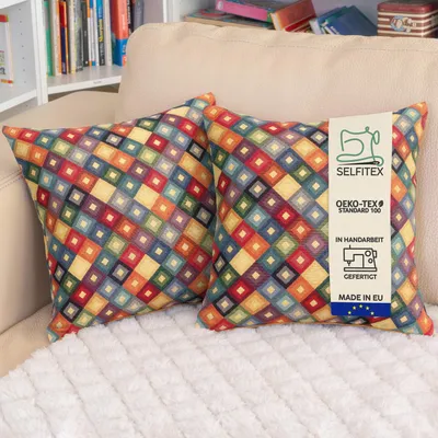 Produktbild von Selfitex 2er Set Bunte Couchkissen 40x40 cm, Sofakissen mit Füllung und Bezug, kuschelweiches Lesekissen, dekoratives Fernsehkissen, Deko- und Kopfkissen, Rückenkissen, Muster: Diamond