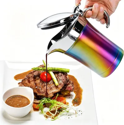 Produktbild von Edelstahl Thermo Sauciere, 450ml Soßenkanne mit Klappdeckel, Irisierend, für Küche, Restaurant, Haushalt & Party