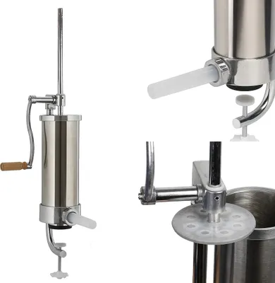 A collage of images showing different views of a stainless steel sausage stuffer machine.