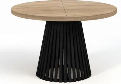 Zdjęcie produktu dla Okrągły rozkładany stół do jadalni, DOVER - styl industrialny/loft z nogami z listew, średnica: 120/220 cm, kolor: dąb Sonoma/czarny