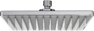 A square chrome shower head with multiple spray nozzles.
