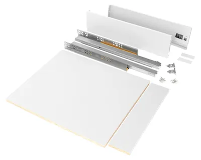 Zdjęcie produktu dla Emuca Zestaw szuflad Vertex do kuchni lub łazienki, zawiera płytę, wysokość 93 mm, moduł 450 mm, Malowany na biało
