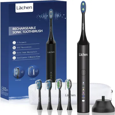 Produktbild von Elektrische Schallzahnbürste, 5 Modi Elektrische Schallzahnbürste mit Reise-Etui 4 Aufsteckbürsten, USB-Ladung für 60 Tage, Timer, IPX7 Wasserdicht