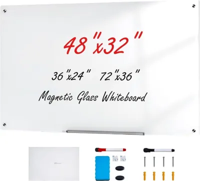 Produktbild von Magnetisches Glas-Whiteboard - Wandtafel Trocken Abwischbare Tafel 120x80cm - Wandmontiertes Weißes Glasboard ohne Rahmen - Inklusive Stiftablage, Radiergummi und 2 Stiften - Magnettafel Weiß