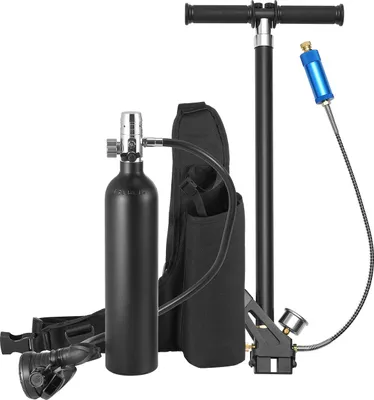 A scuba diving air tank and pump set against a white background.