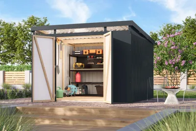 Produktbild von Gartenhaus Metall Metallgerätehaus Metallgartenhaus IRIDIUM 3,5 Metallhaus anthrazit 290x292x213 cm