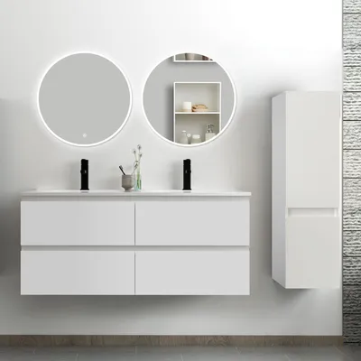 Image de Ensemble de meubles de salle de bain, 120*46*52cm, meuble avec vasque + miroir LED rond + meuble colonne 110cm, blanc