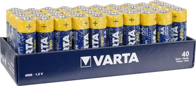 A display box of Varta AA batteries.