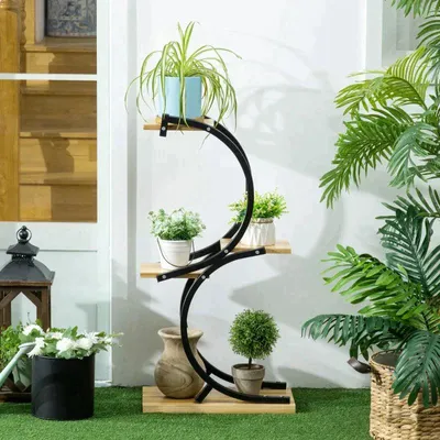 Image de Étagère à plantes, 4 niveaux | Couleur : Noir et naturel | Dimensions : 46 x 25 x 91 cm