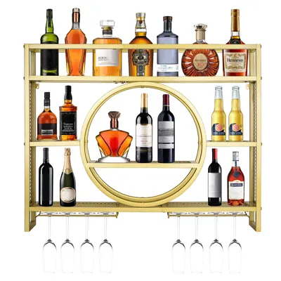 Produktbild von Modernes Metall Weinregal 3-Tier Weinregal Wand Bar-Einheit Schwebendes Regal Glasregal Weinhalter für Haus, Restaurant, Bars (Gold, 120x15x80cm)