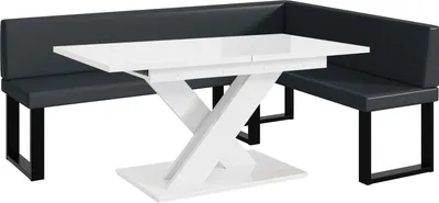 Produktbild von MEBLINI Eckbank für Esszimmer mit ausziehbarem Tisch  - Küchenbank - Essecke - Sitzecke Küche - TONI - U-Beine 142x196x87cm Rechts - Dunkelgrau Kunstleder/B Weiß Hochgl.