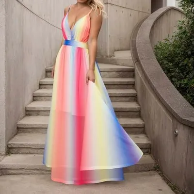 Produktbild von Sommerkleid für Damen im LGBTQ-/Gay-Stil, Boho-Maxikleid mit Regenbogenmuster, tiefem V-Ausschnitt, bunten Farben und Spaghettiträgern, einzigartiges Tüllkleid mit eleganter A-Linie, Party- und Ballkleid