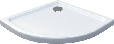 A white corner shower tray with a drain cover.