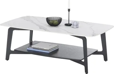 Produktbild von Couchtisch ISA aus Keramik, Eiche und Metall in Weiß und Schwarz mit Ablage
