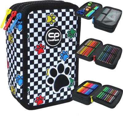 A collage of images showing a pencil case with a checkered pattern and paw prints, and also showing the inside of the pencil case filled with colored pencils and markers.