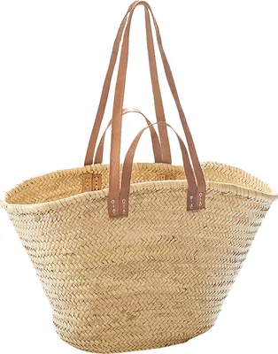 Produktbild von Kobolo torba koszyk liść palmy ze skórzanymi uchwytami i skórzaną rączką - 55x21x36 cm - naturalny brązowy beżowy - torebka shopper torba plażowa torba na ramię