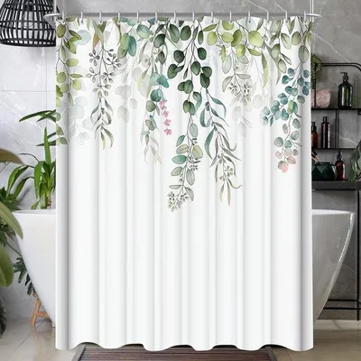 Obrázek produktu pro Sprchový závěs 120 x 200 cm, zelený, s motivem listů, odolný proti plísním, voděodolný, polyester
