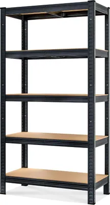 A black metal shelving unit with wooden shelves against a white background.