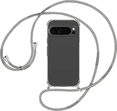 Produktbild von Handykette Backcover-Schutzhülle mit Band (Metall silberfarben) für Google Pixel 9 Pro - weiß/grau kariert