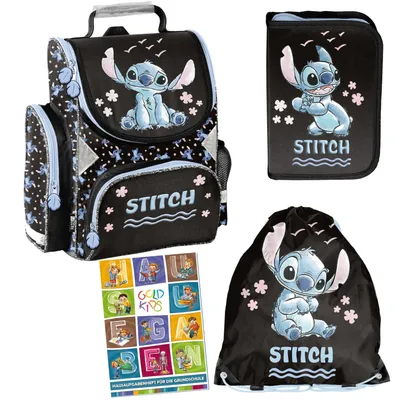 Produktbild von Goldkids - Schulranzen für Jungen und Mädchen, 4er-Set - Schul-Rucksack für Kinder mit Federmäppchen - Schuhbeutel - Stitch Motiv- 1-3 Klasse