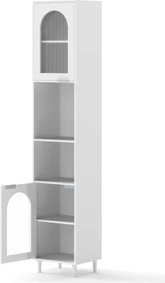 Produktbild von GOPLUS Badschrank, Badezimmerschrank schmal mit 2 Vitrinenschränken & 2 offenen Fächern, verstellbaren Regalen, erhöhte Beine, Hochschrank für Küche