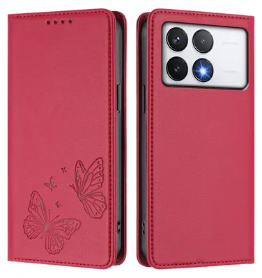 Produktbild von Lederhülle für Xiaomi Poco F6 Pro, Schmetterling Prägung Leder Brieftasche Schutzhülle mit Ständer Rot