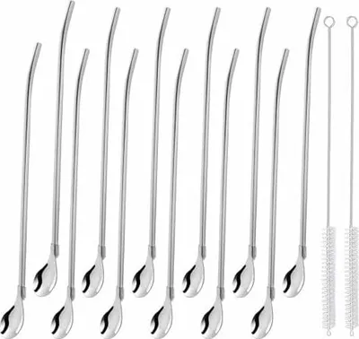 Produktbild von 12 Stück Edelstahl Lang Löffelstrohhalme, Lang Wiederverwendbar Strohhalm Löffel mit 2 Stück Strohhalm Reinigungsbürste für Smoothies Milchshakes Cocktails Kaffee Metall