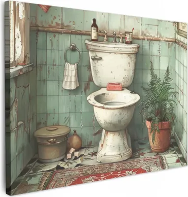 Produktbild von MuchoWow® - Leinwandbilder - Vintage - Toilette - Illustration, Wandbild, Wanddeko Bilder Wohnzimmer, 40x30 cm