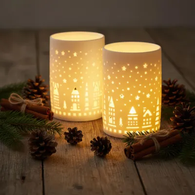 Produktbild von 2er Set LED Dekoleuchte Weiß H13cm Porzellan Weihnachten Deko Windlicht Tischdeko