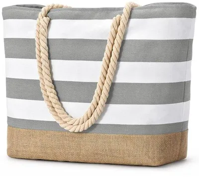 Produktbild von Unyqoos® Geräumige wasserdichte Strandtasche mit Reißverschluss, 52 x 36 x 17 cm – Polyestergewebe, Strohboden, faltbar für Familie & Reisen