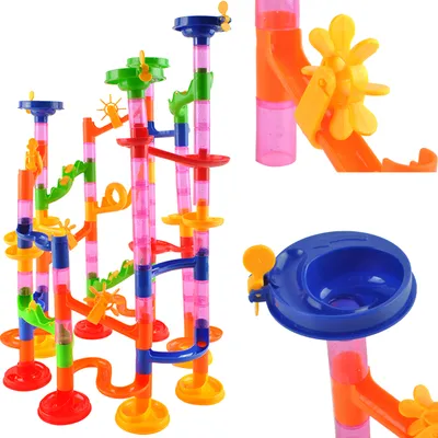 A collage of images showing different parts of a colorful marble run toy.