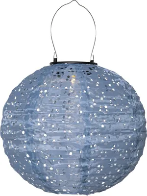 Produktbild von Star Trading 483-31 LED-Solar-Laterne "Festa" Rund, blau, Ø 25 cm, Polyester, ww LED, Lochmuster, zum Aufhängen, inkl. Akku, Vierfarb-Karton