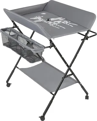 Produktbild von Baby Wickeltisch Mobile Klappbar Wickelkommode mit Aufbewahrungskorb Abschliessbaren Rädern Höhenverstellbarer Grau