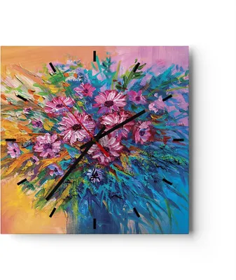 Produktbild von Wanduhr - Quadrat - Glasuhr - Blumenstrauß Blumen Öl - 30x30cm - Schleichendes Uhrwerk - Lautlos - zum Aufhängen bereit - Dekoration Modern - Wanddekoration aus Glas - C3AC30x30-4533