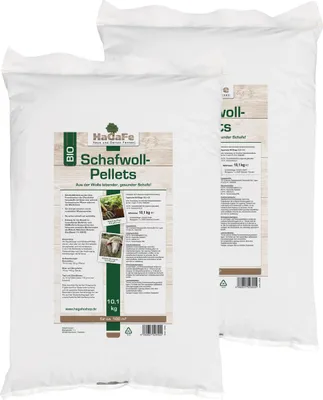 Produktbild von HaGaFe Schafwoll - Pellets, Schafwollpellets, 2 x 10kg, Universaldünger, Gartendünger, Wasserspeicher, Gemüsedünger, organischer  - Dünger