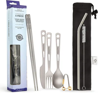 Produktbild von Titan Besteckset 5 Teile, Messer, Gabel, Löffel und Essstäbchen mit Etui, für Camping