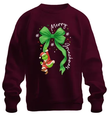 Immagine prodotto di Merry Grinchmas Grinch Babbo Natale su un fiocco verde Natale Felpa Unisex Pullover, Borgogna, L