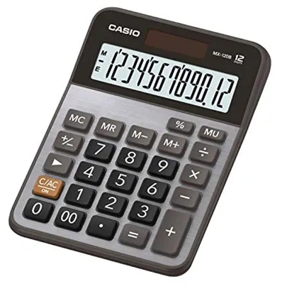 Produktbild von Casio MX-120B, Desktop, Einfacher Taschenrechner, 12 Ziffern, 1 Zeilen, Batterie/Solar, Schwarz, Grau