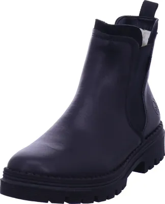 A black Chelsea boot is shown against a white background.