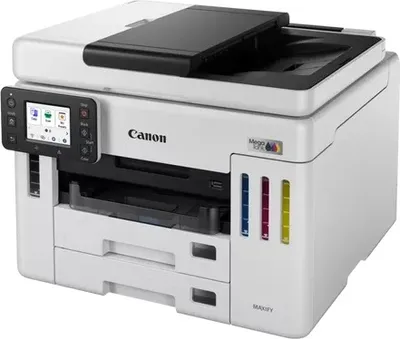 A white Canon MAXIFY GX7140 printer is shown from a three-quarter front angle against a white background.
