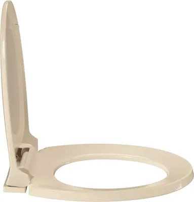 A side view of a beige toilet seat with the lid up, shown against a white background.