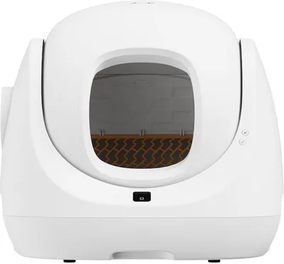 A white, automatic, self-cleaning cat litter box is shown from the front.
