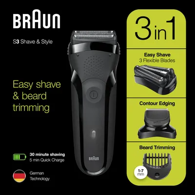 Zdjęcie produktu dla Braun Series 3 81702941, Golarka foliowa, Czarny, Przyciski, LED, Ładowanie, Zasilanie, AC/Bateria